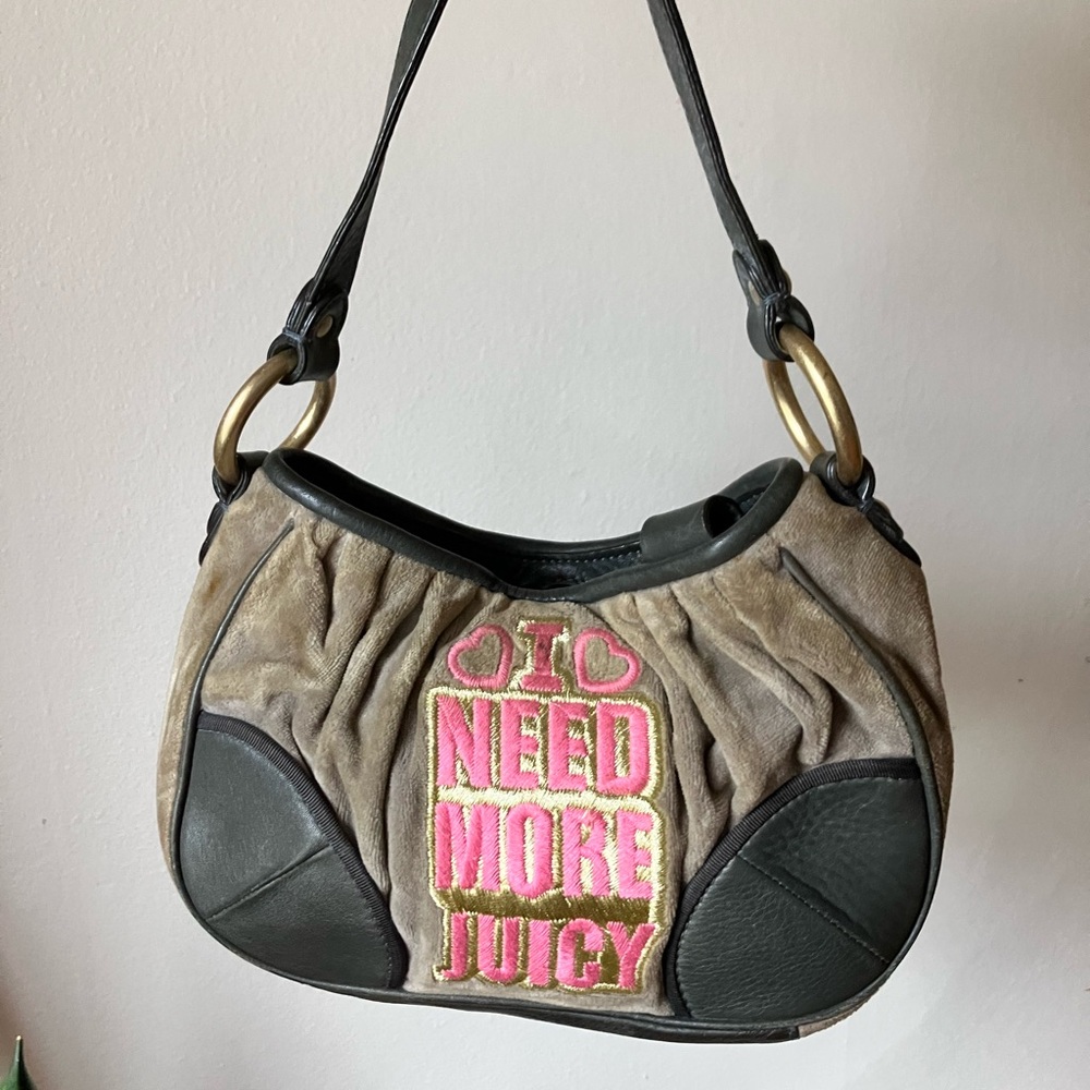 Juicy Couture Beige Suede Shoulder Bag with Pink Embroidered 'NEED MORE JUICY'